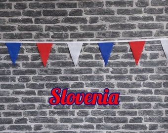 10ft - 50ft lengtes handgemaakte stoffen vlaggenlijn voetbal sport landdecoratie - Slovenië - enkellaags - roze rand - rode, witte en blauwe vlag