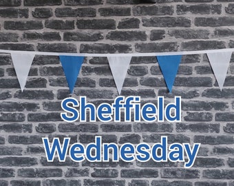 10ft - 50ft Lengths Handmade Football Team Colours Fabric Bunting - Sheffield Wednesday - Single Ply - Blue + White Flags - White Bias Tape