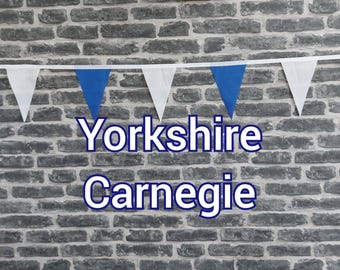 10ft Handmade Rugby Team Colours Fabric Bunting - Yorkshire Carnegie - Single Ply - Pinked Edges - Blue + White Flags - White Bias Tape