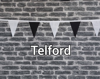 10ft Handmade Football Team Colours Fabric Bunting - AFC Telford United - Single Ply - Pinked Edges - Black & White Flags - White Bias Tape