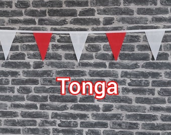 10ft Handmade Fabric Bunting Football Sports Country Decoration - Tonga - Single Ply - Pinked Edges - Red & White Flags