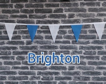 10ft - 50ft Lengths Handmade Football Team Colours Fabric Bunting - Brighton & Hove Albion - Single Ply - Blue + White Flag, White Bias Tape