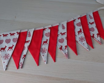 10ft HANDGEMAAKTE stoffen kerstslinger - Scandi Fox Heart Doe Sneeuwvlokbomen - Canvas Crème & Feestelijk Rood - 12 vlaggen