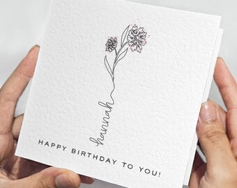 Personalised Name Birthday Card • Special Personalised Card for Friend • Black and Pink Flower Birthday Card • Flower Drawing Birthday Card