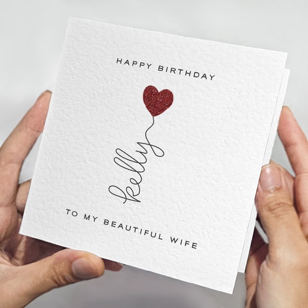 Personalised Card For Wife's Birthday • Red Glitter Heart Birthday Card For Wife • Textured Birthday Card