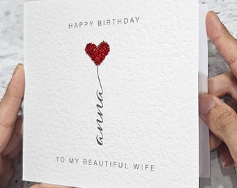 Personalised Card For Wife's Birthday • Red Glitter Heart Birthday Card For Wife • Textured Birthday Card