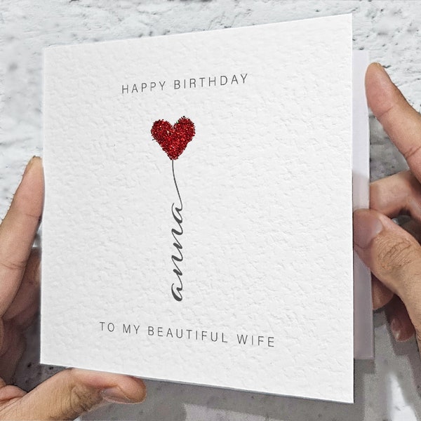 Personalised Card For Wife's Birthday • Red Glitter Heart Birthday Card For Wife • Textured Birthday Card