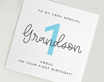 Personalised First Birthday Card for Grandson • Grandson First Birthday Card • Personalised Grandson Card • Silver Glitter Birthday Card