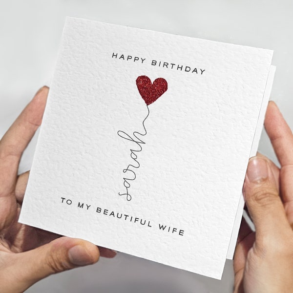 Personalised Card For Wife's Birthday • Red Glitter Heart Birthday Card For Wife • Textured Birthday Card