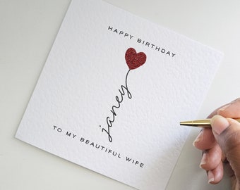 Personalised Card For Wife's Birthday • Red Glitter Heart Birthday Card For Wife • Textured Birthday Card