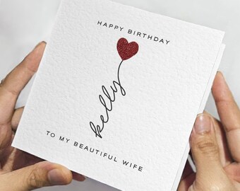 Personalised Card For Wife's Birthday • Red Glitter Heart Birthday Card For Wife • Textured Birthday Card