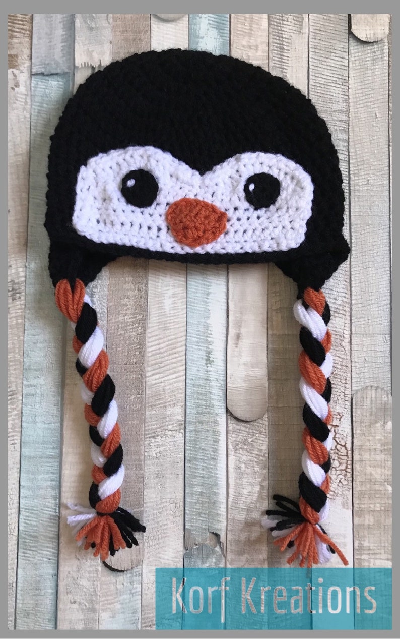 Handmade Boy or Girl Baby Penguin Hat Ear Flap Beanie with Tassels Customizable Preemie to Adult