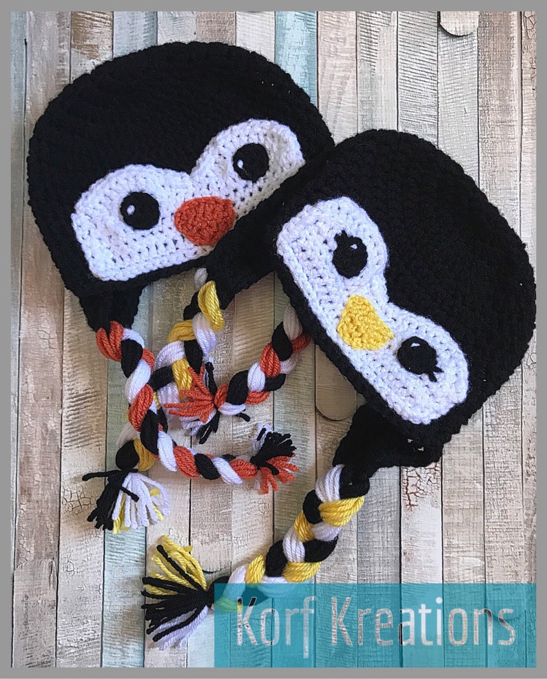 Handmade Boy or Girl Baby Penguin Hat Ear Flap Beanie with Tassels Customizable Preemie to Adult
