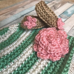 Striped Beanie with Rose or 4-Leaf Clover and Booties - Preemie to Adult - Customizable - Handmade