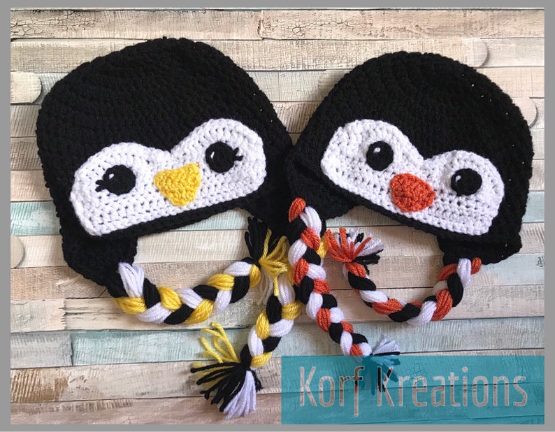Handmade Boy or Girl Baby Penguin Hat Ear Flap Beanie with Tassels Customizable Preemie to Adult