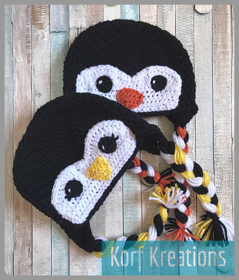 Handmade Boy or Girl Baby Penguin Hat Ear Flap Beanie with Tassels Customizable Preemie to Adult