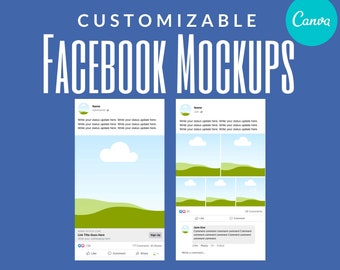 May include: Two customizable Facebook post mockups with a blue background and green hills. The mockups show how a post would look on a Facebook page. The text "Write your status update here" is repeated multiple times in each mockup.