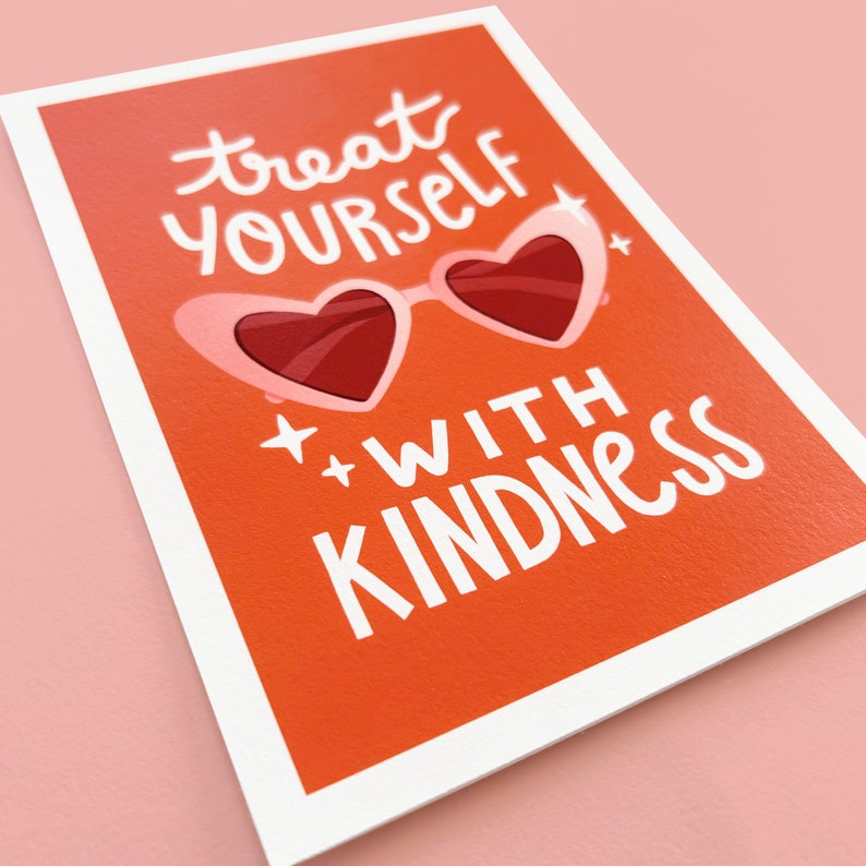 Treat Yourself With Kindness Cute HS Inspired Illustration, great gift for Harries, positive and motivational quote and heart sunglasses image 3