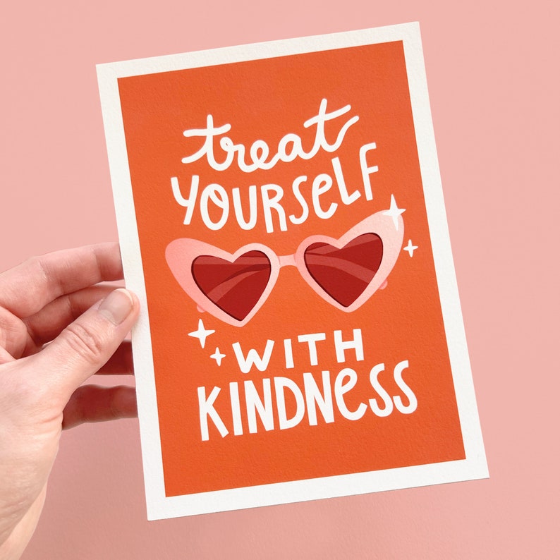 Treat Yourself With Kindness Cute HS Inspired Illustration, great gift for Harries, positive and motivational quote and heart sunglasses image 1