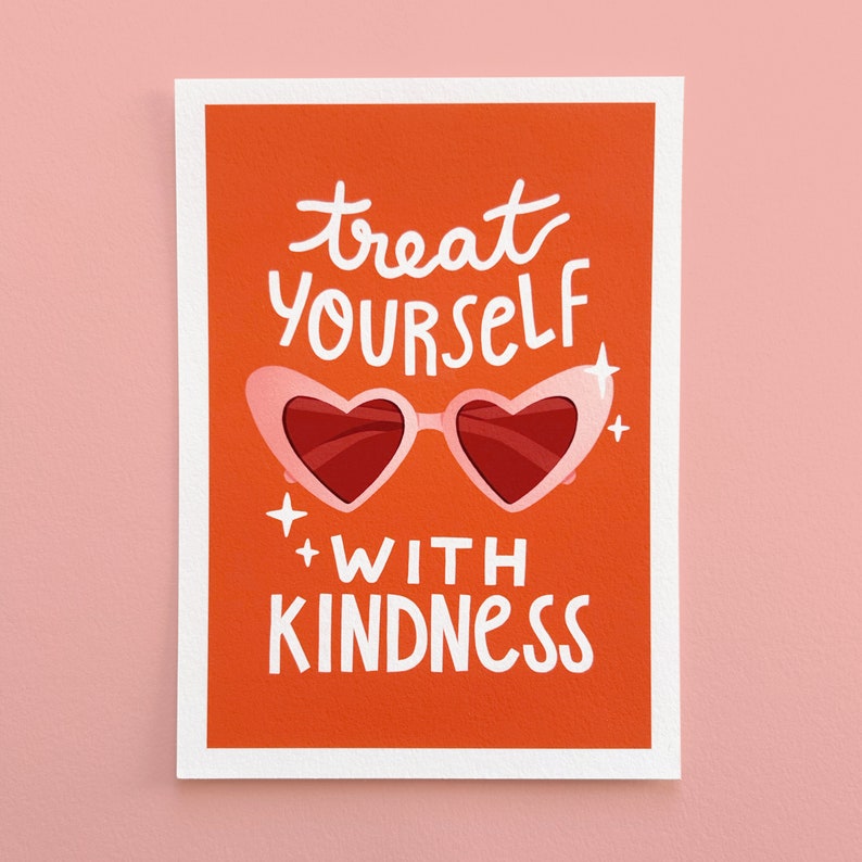 Treat Yourself With Kindness Cute HS Inspired Illustration, great gift for Harries, positive and motivational quote and heart sunglasses image 2