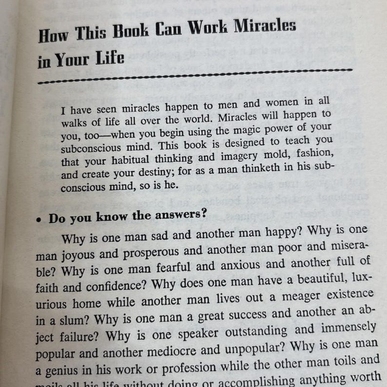 May include: Open book page with the title "How This Book Can Work Miracles in Your Life." The text discusses the power of the subconscious mind and poses questions about life's disparities. The page is white with black text.