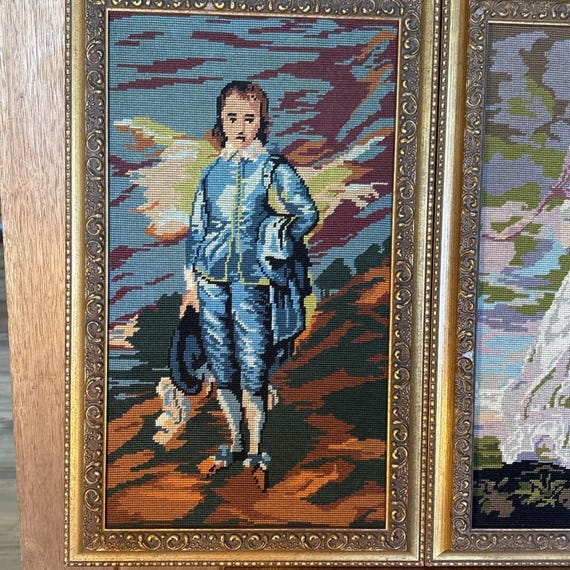 Vintage Needlepoint Blue Boy Pinkie Finished Framed Art Lot