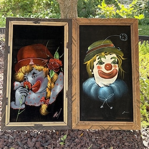 Vintage Clowns on Black Velvet Painting Framed Signed Circus Girl and Boy 1970s
