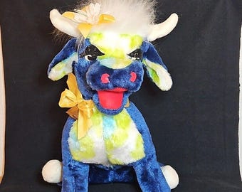 Vintage Rushton Co pluche koe blauwe tie-dye draadpoten carnaval clown glitter ogen