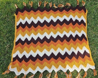 Vintage Brown Chevron Crocheted Afghan Blanket 36 x 33 Tassel Fringe  Handmade