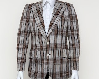 Blazer a cuadros vintage de los años 70 para hombre, talla 40R, solapa ancha, chaqueta marrón Toggery Bills Check USA