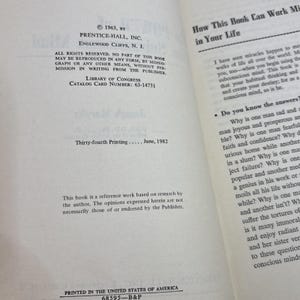 May include: Open book pages with text. The left page has copyright information from 1963 by Prentice-Hall, Inc. The right page has the title "How This Book Can Work Miracles in Your Life". The book is printed in the United States of America.