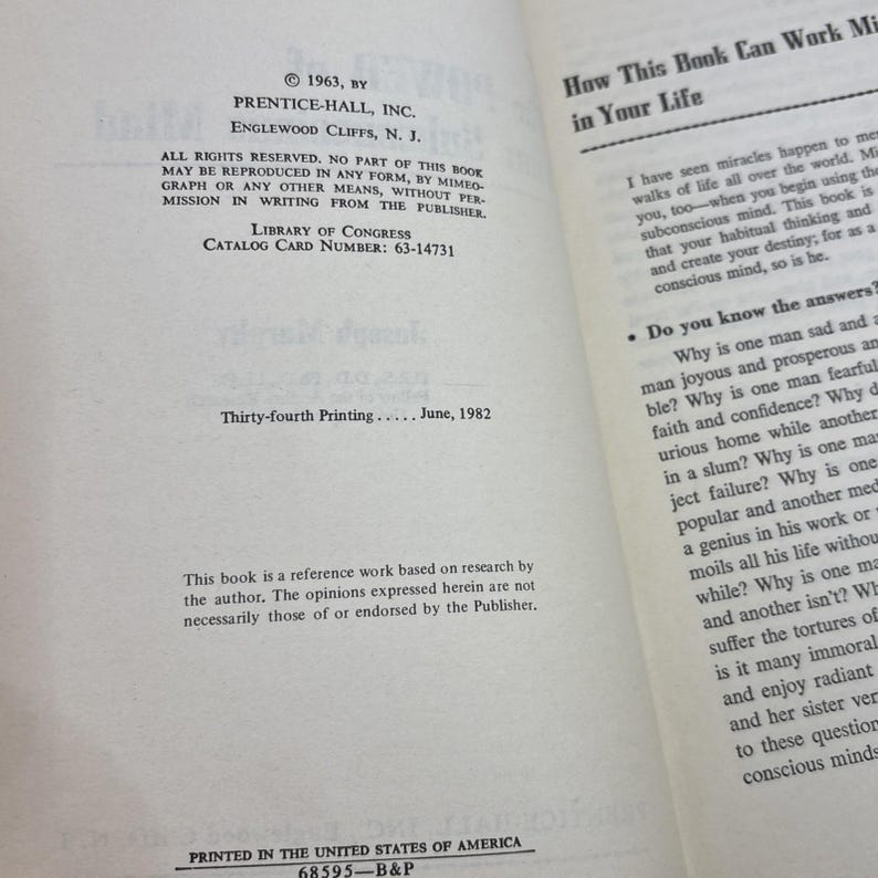 May include: Open book pages with text. The left page has copyright information from 1963 by Prentice-Hall, Inc. The right page has the title "How This Book Can Work Miracles in Your Life". The book is printed in the United States of America.