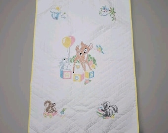 Walt Disney Bambi Paragon Needlecraft Stitched Quilted Baby Blanket Vintage