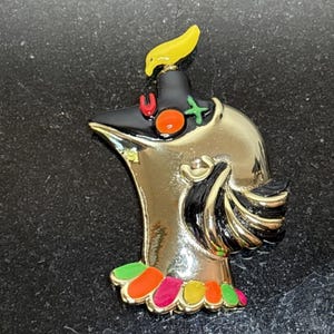 Vtg AJC Enamel Clown Brooch Pin Gold Tone Bird 70s 80s Pierrot Mime Harlequin
