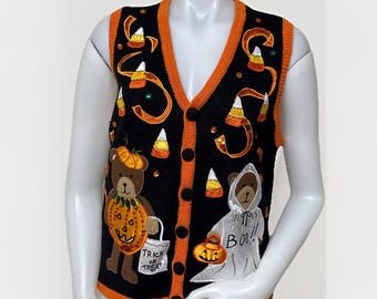 Halloween-sweaterhemd pompoen zwart satijn Ghost Candy Vtg Sparkle Knit dames M