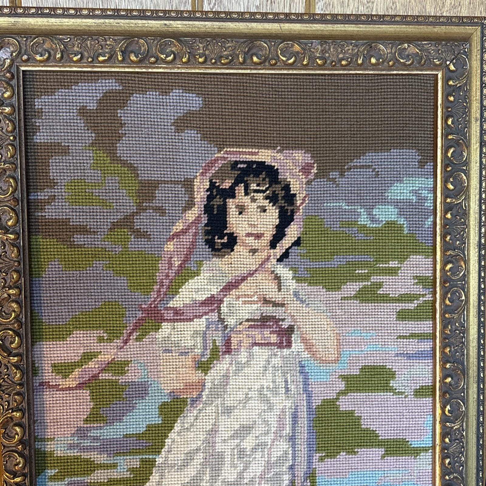 Vintage Needlepoint Blue Boy Pinkie Finished Framed Art Lot