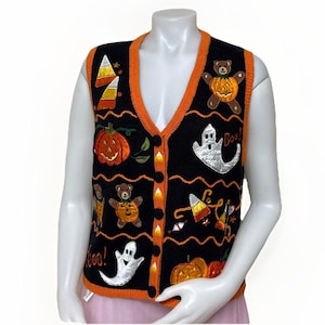 Halloween Sweater Vest Pumpkin Black Satin Ghost Witch Vtg Womens M Chunky Knit