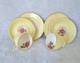 Vintage Royal Grafton Yellow Teacup Trios, Yellow and Pink Rose Teacup Sets