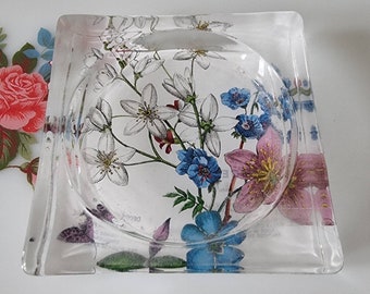 Vintage Square Glass Floral Trinket Dish, Square Floral Glass Ashtray, Fringe Studio Art Glass Trinket Dish