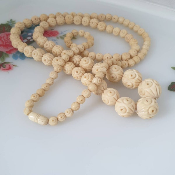 Art Deco Carved Celluloid Ivory Bead Necklace, Antique Celluloid Ivory necklace, Rose Carved Beads, Long Faux Ivory Necklace