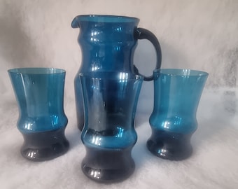 Vintage Blue Glass Pitcher Set, Retro Lemonade Pitcher and Glasses