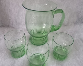 Vintage Green Glass Pitcher Set, Retro Lemonade Pitcher and Glasses