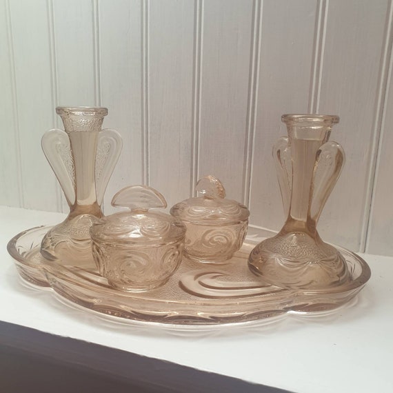 Amber Glass Vanity Set, Art Deco Amber Glass Dressing… Gem