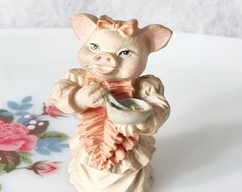 Vintage Pig figurine,  Dressed Pinny Pig Figurine Holding a Dish, Beatrix Potter Pig Figurine