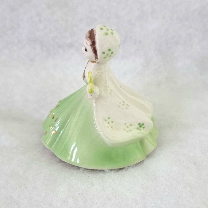 Vintage Kitsch Porcelain Girl Figurine, Green Dress Porcelain Mini Firgurine, Hooded Green Dress Porcelain Figure image 8