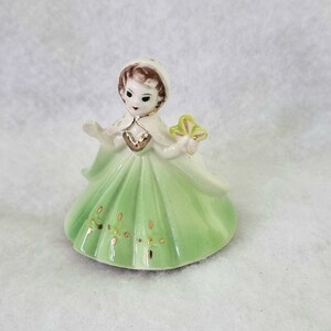 Vintage Kitsch Porcelain Girl Figurine, Green Dress Porcelain Mini Firgurine, Hooded Green Dress Porcelain Figure image 5