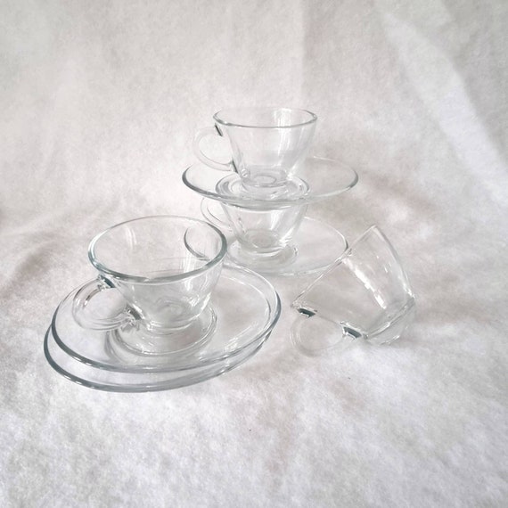 Vintage Clear Espresso Coffee Cup Set, Wavy Glass Espresso Cups & Saucers ,  Pasabahce Glass Espresso Cups and Saucers 