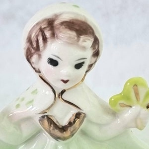 Vintage Kitsch Porcelain Girl Figurine, Green Dress Porcelain Mini Firgurine, Hooded Green Dress Porcelain Figure image 4
