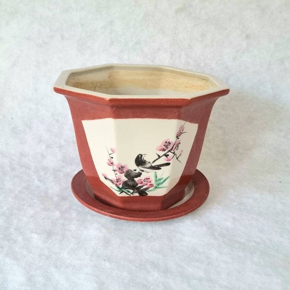 Vintage Chinese Bonsai Pot and Saucer Hexagonal Hand Painted Etsy