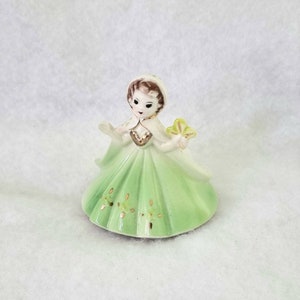 Vintage Kitsch Porcelain Girl Figurine, Green Dress Porcelain Mini Firgurine, Hooded Green Dress Porcelain Figure image 1